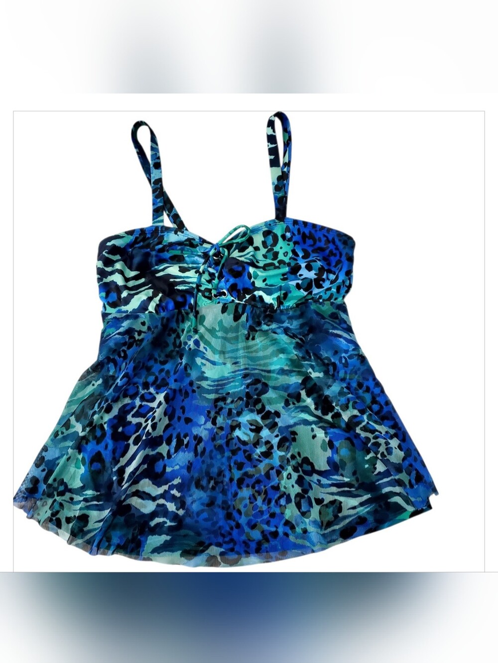 Del Raya Blue & Teal Animal Print Tankini Swim Top Sz 10